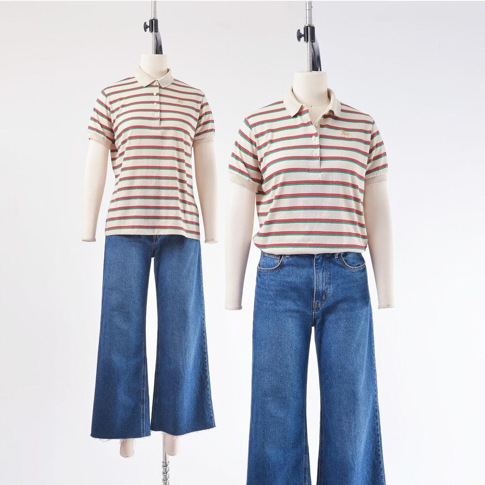 Vintage 80s Tan Striped Polo Shirt Short Sleeve Preppy T-shirt size M